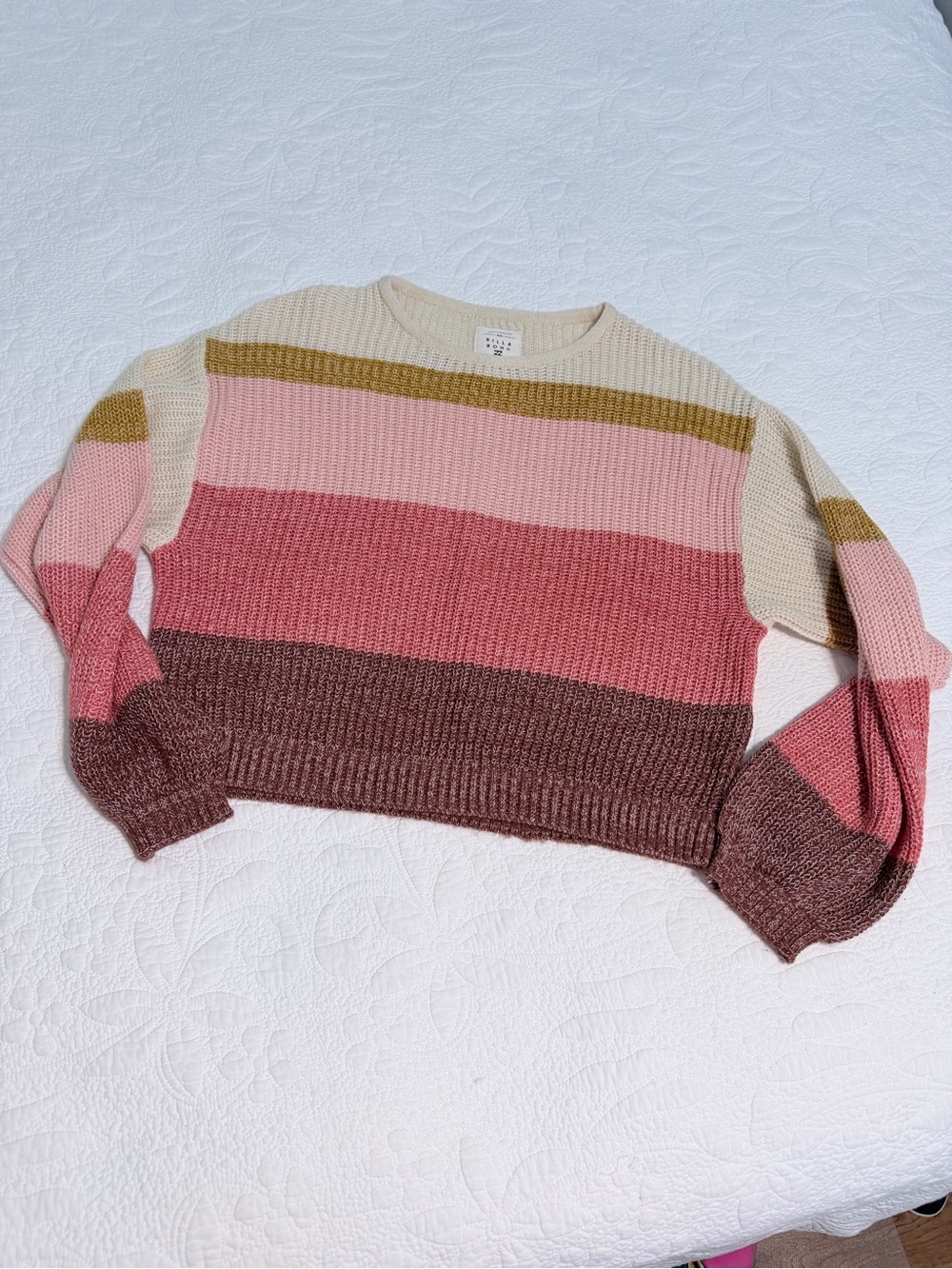 Billabong Pullover Striped Cropped Knit Boat Neck Sweater Ivory Burgundy Small